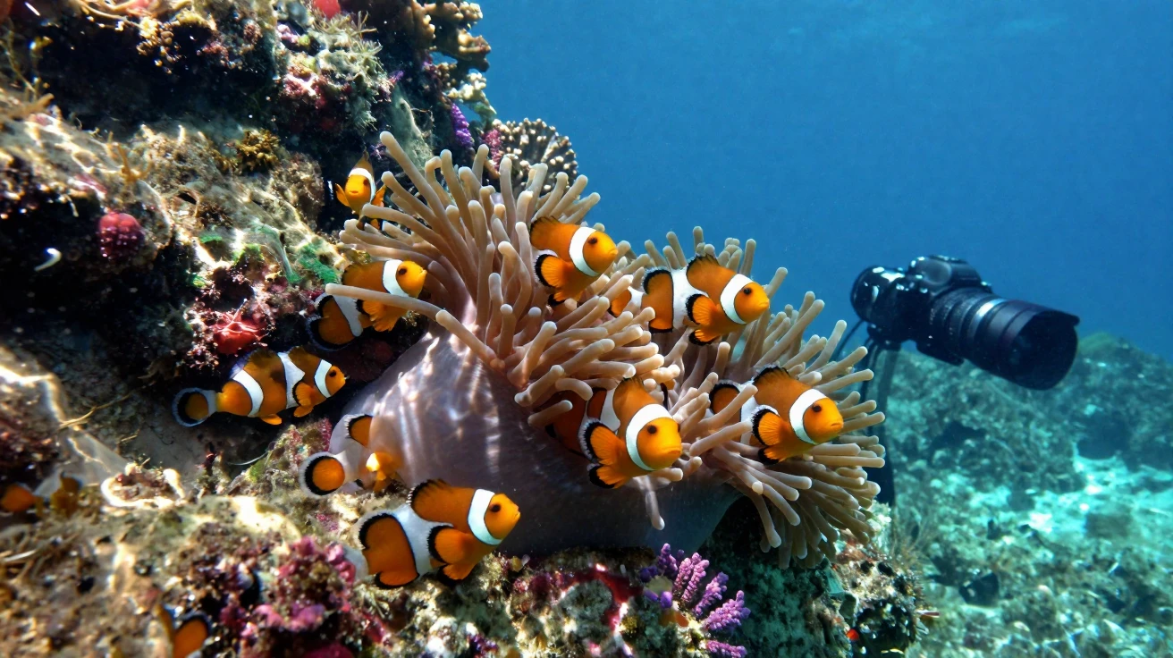 A colony of clownfish nestled in anemones exploring along a rocky underwater cliff