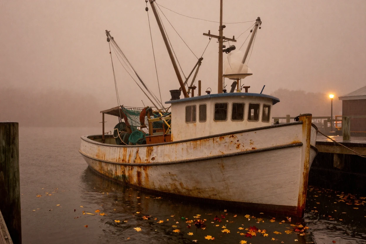A fishing boat emerging slowly from dense harbor fog, under a canopy of stars, amid a steady rain, as autumn leaves turn gold and red, in earthy terracotta and ochre shades, in a tight close-up.