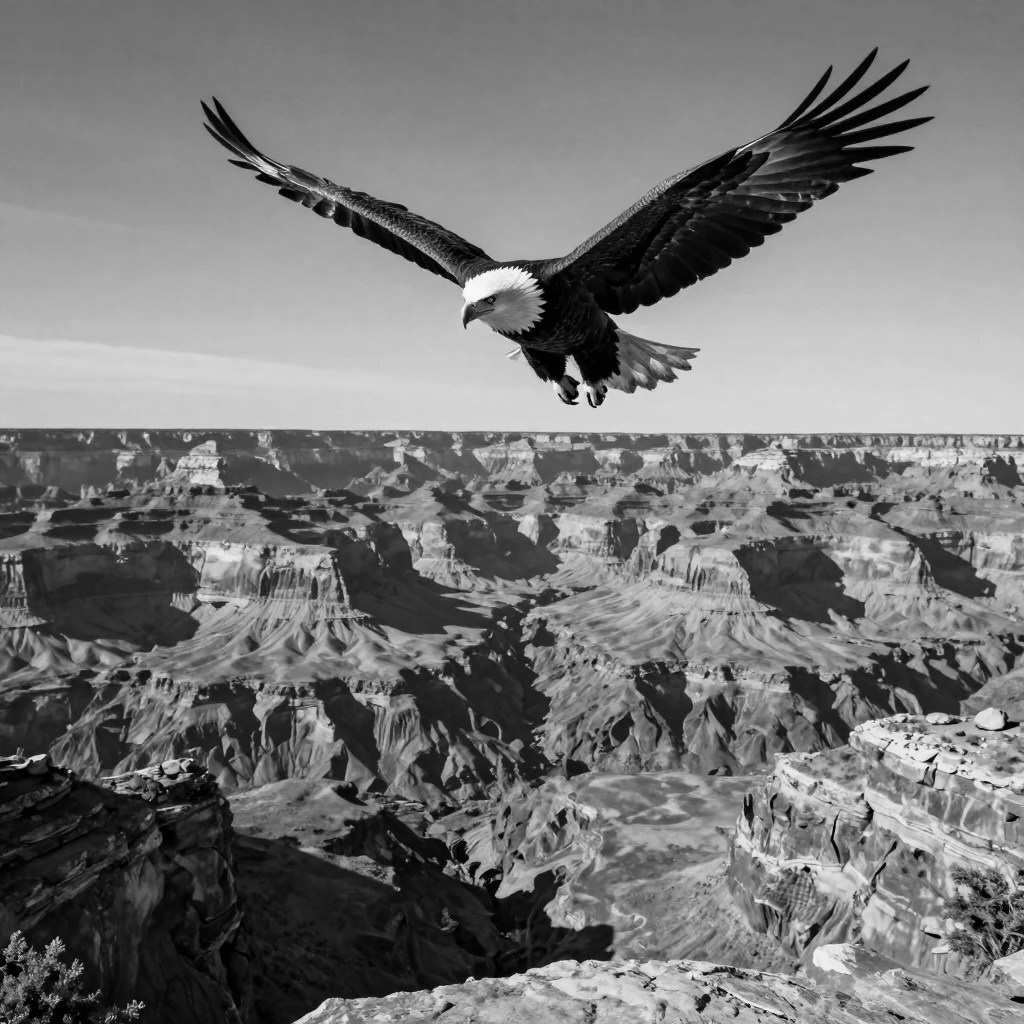 A bald eagle soars high above a dramatic canyon over a dramatic desert canyon.