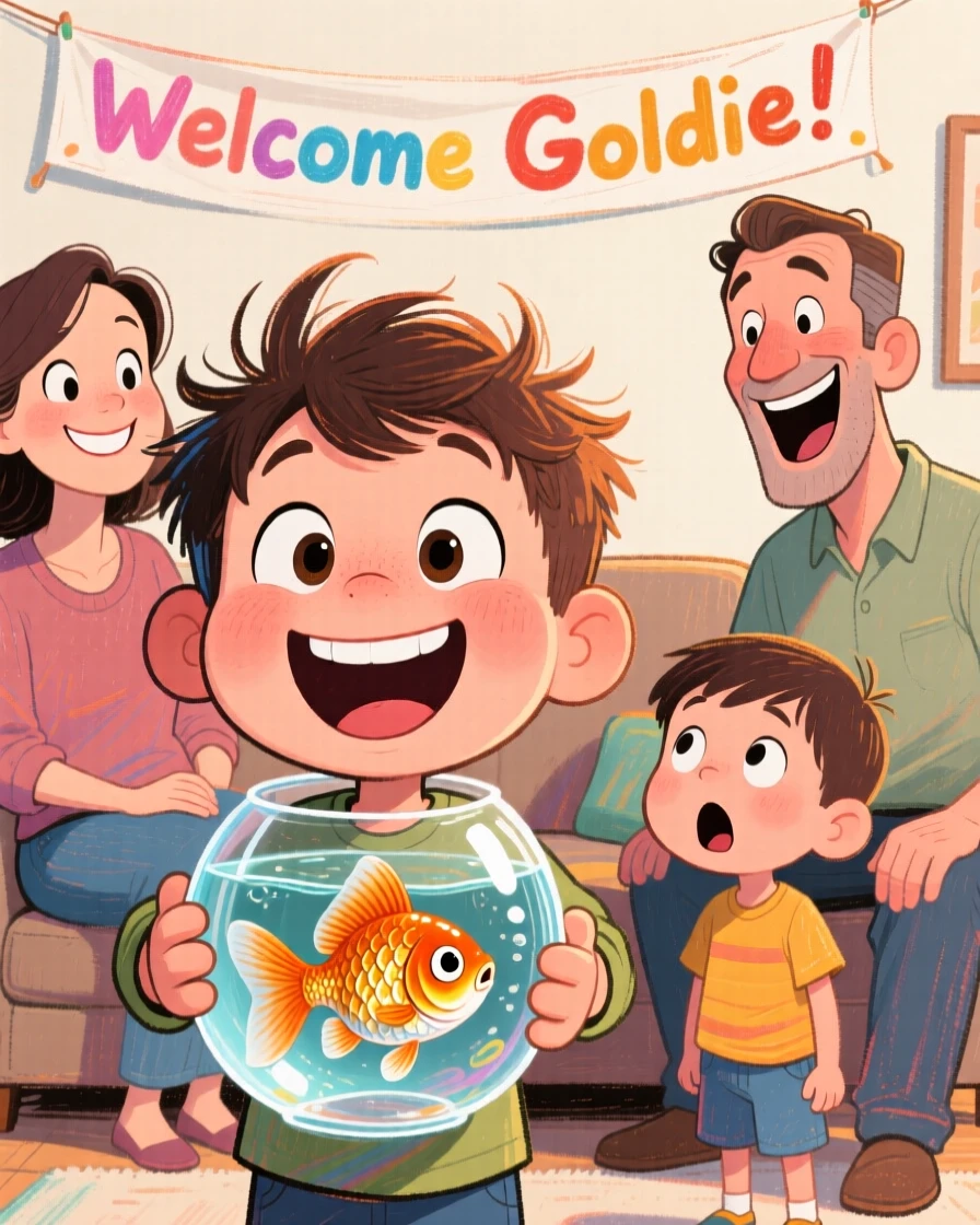 A little boy proudly introducing his new pet goldfish to the whole family.