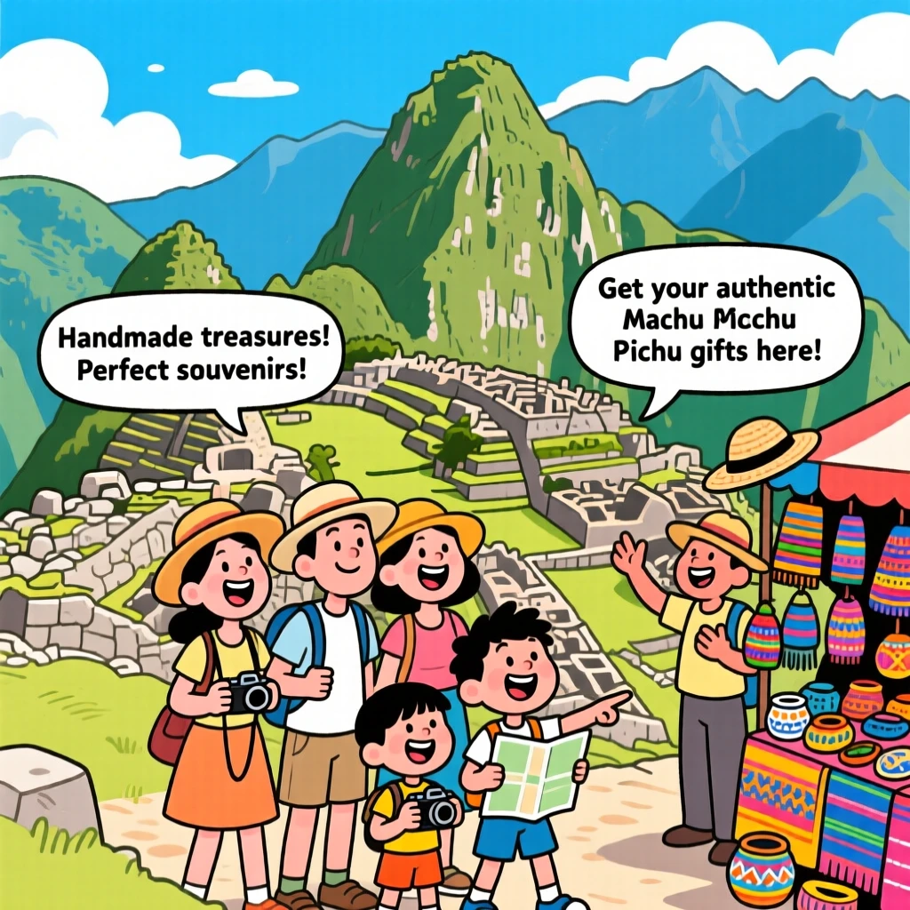 An iconic travel scene featuring a family on vacation exploring the ancient ruins of Machu Picchu, as street vendors call out cheerfully nearby.