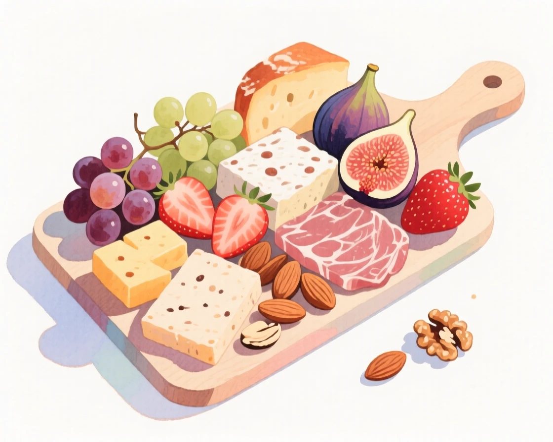 A cozy, appetizing, bright and cheerful scene of a charcuterie board artfully arranged with fruits and nuts