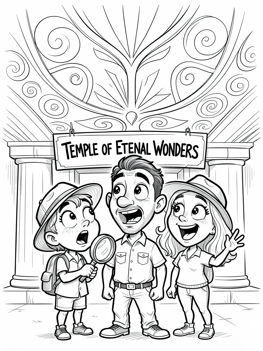 [Travel & Cultural Experiences] Vivid travel scene of a curious family of explorers admiring an ornate temple ceiling, full of wonder and adventure