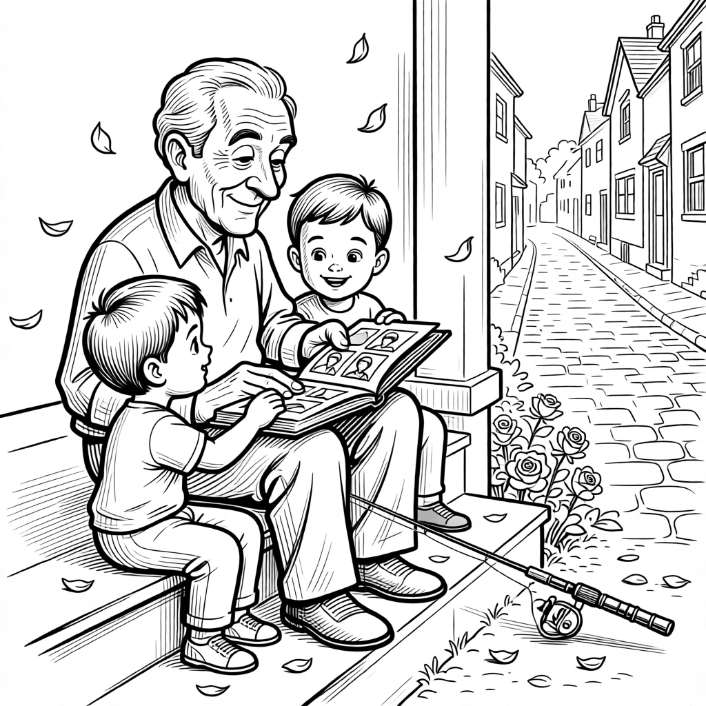 A grandfather showing photo albums to wide-eyed grandkids, guiding small hands gently along the fishing rod, set on a porch step overlooking the old street. Rose petals drift gently onto the garden path. The scene radiates hard-won wisdom shared with love.