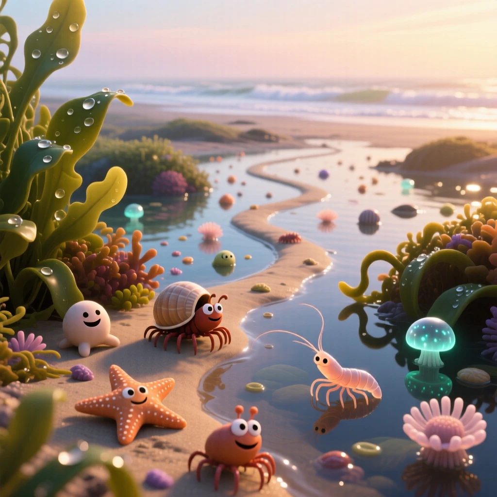 A tide pool full of tiny creatures glows as morning dew clings to every leaf and petal, with a narrow path winding through the scene. The mood is serene, vast, and quietly majestic.