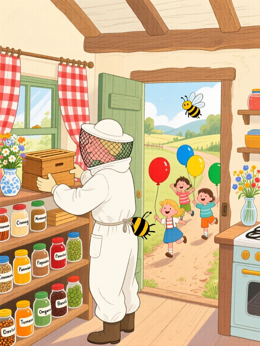 A beekeeper checking a hive spends the morning organizing a shelf of colorful spice jars in a countryside farmhouse kitchen, while children skip past with balloons.