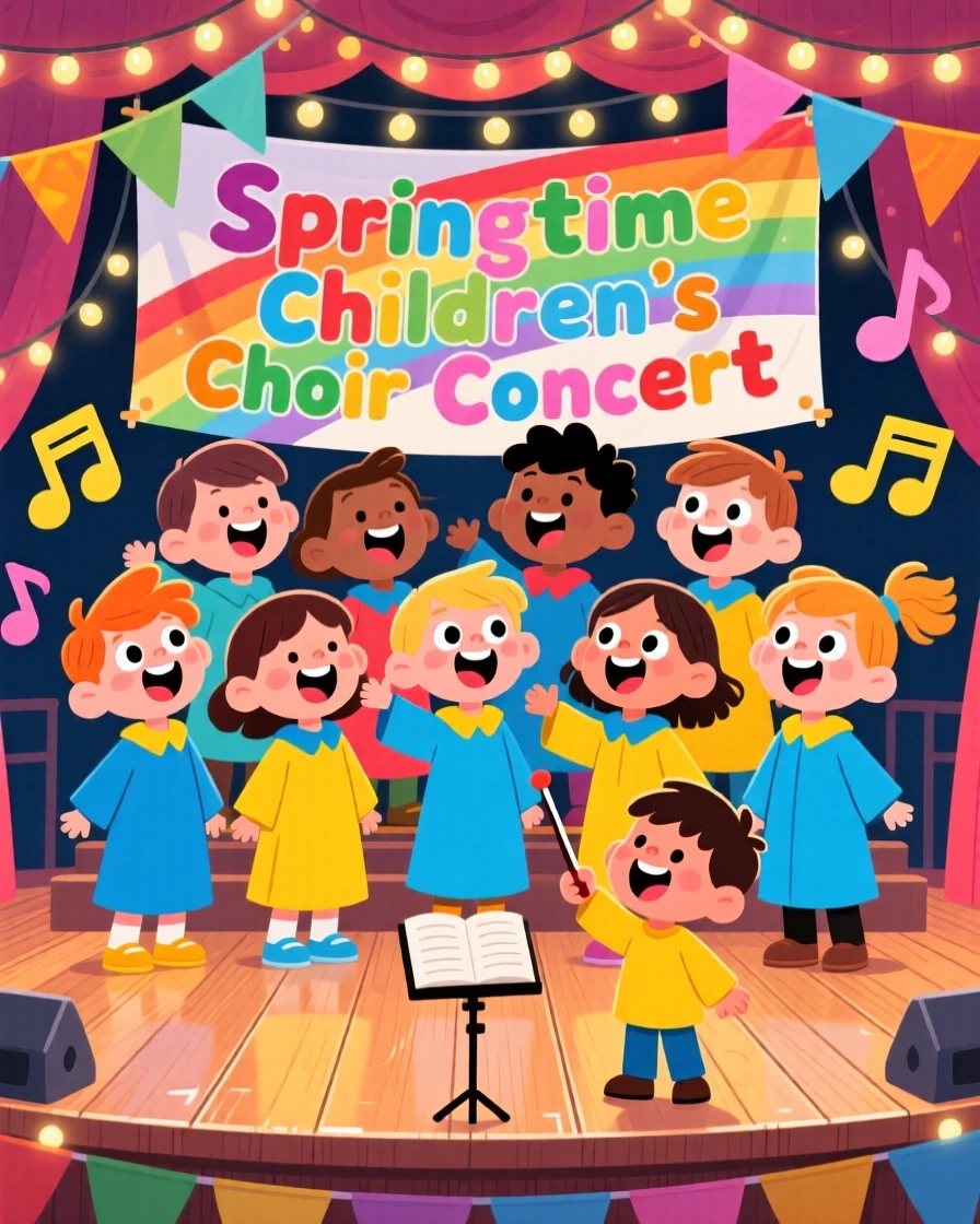 A children's choir singing together on a decorated stage.