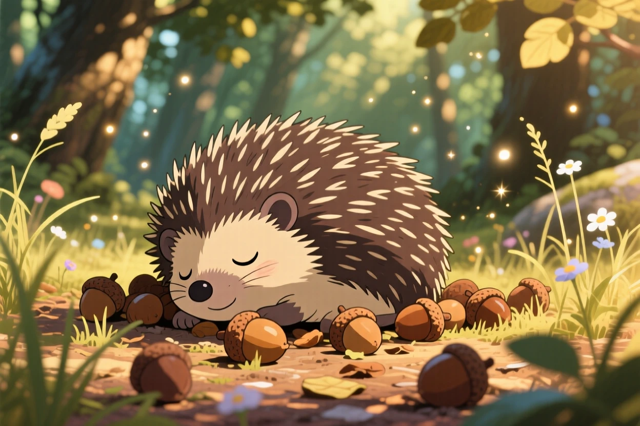 A hedgehog curled up among fallen acorns, with soft afternoon light warming its fur, radiating pure charm.