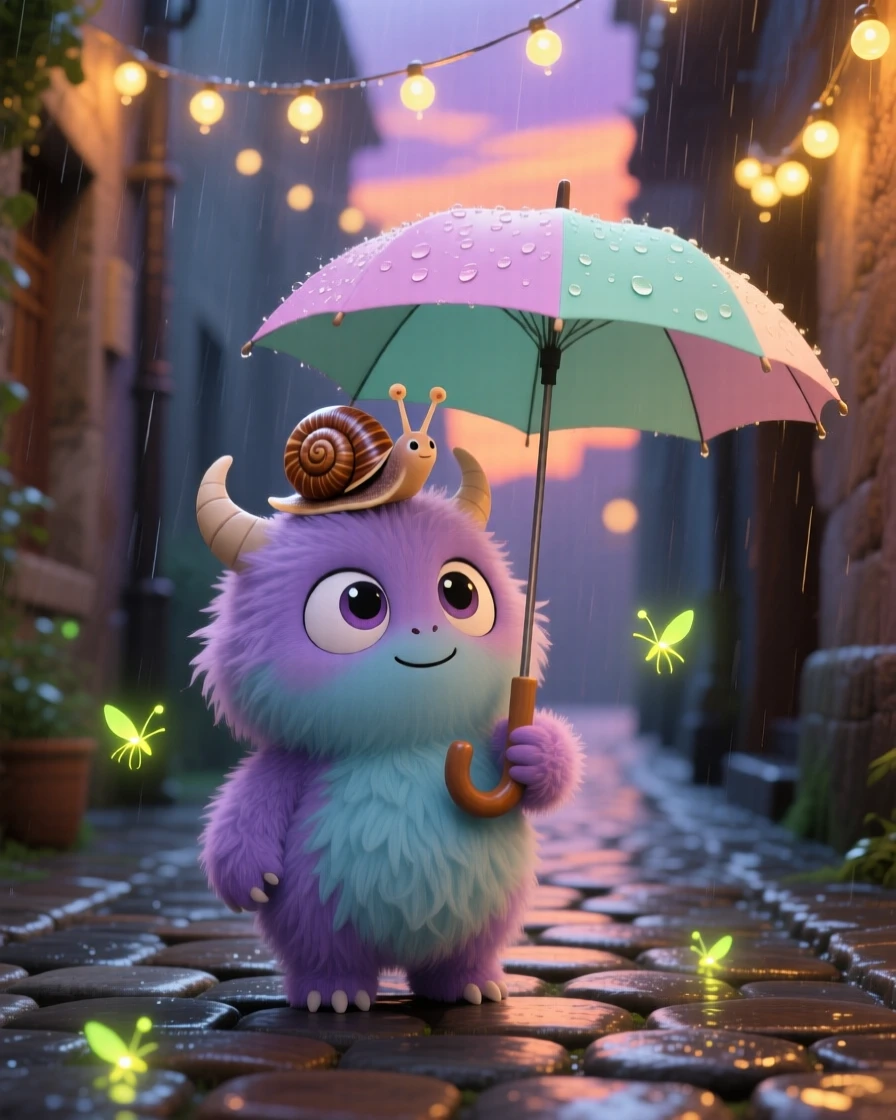 A small fuzzy monster sharing its umbrella with a snail in a rainy cobblestone alley as fireflies begin to glow at dusk; glowing string lights washes over the scene as quiet contentment fills the moment. Waist-up portrait.