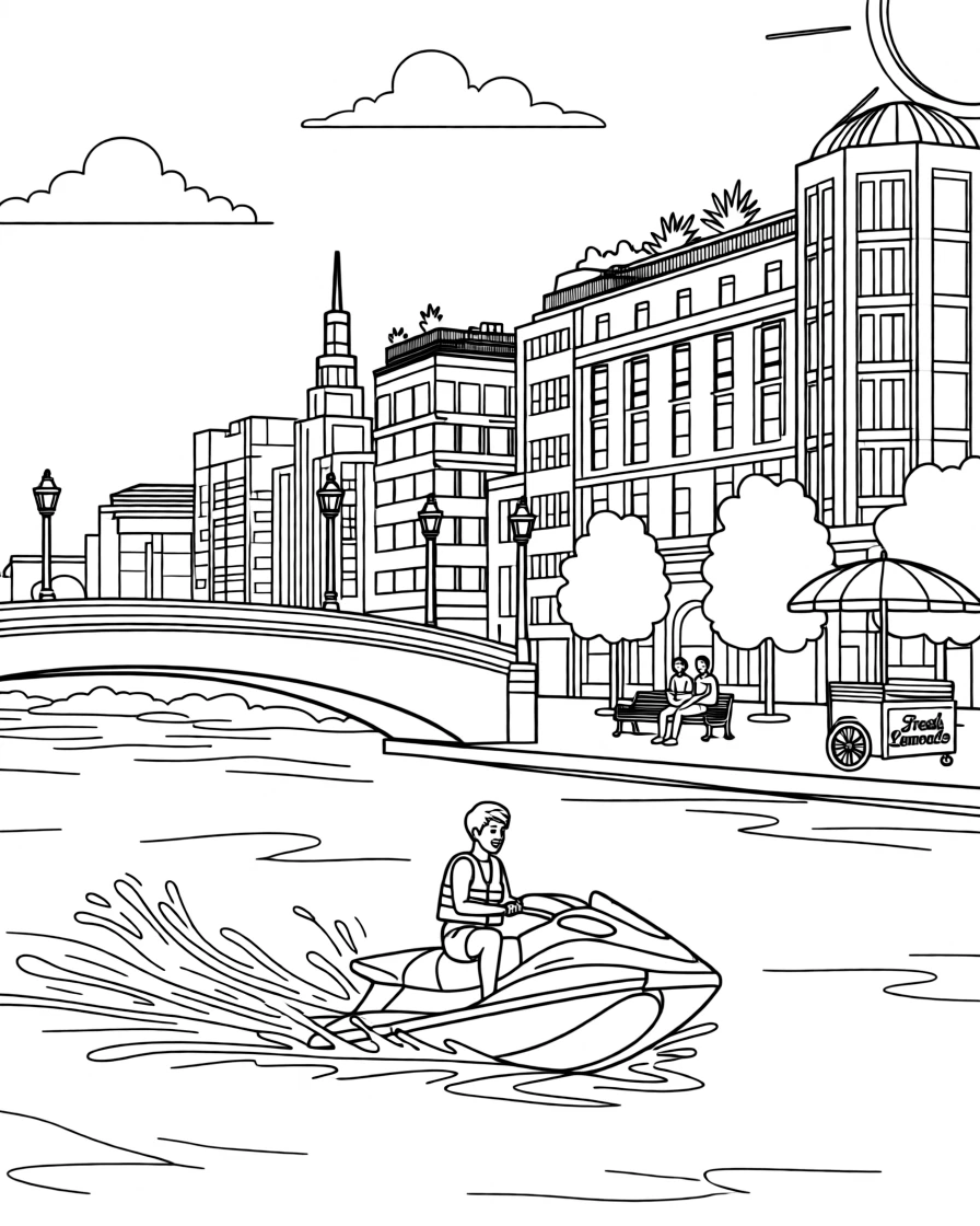 A jet ski cutting a spray across open water, with a river reflecting the surrounding architecture.
