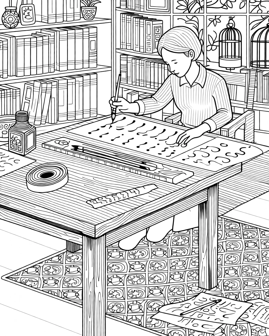 A calligrapher practicing brush strokes at a wooden desk.