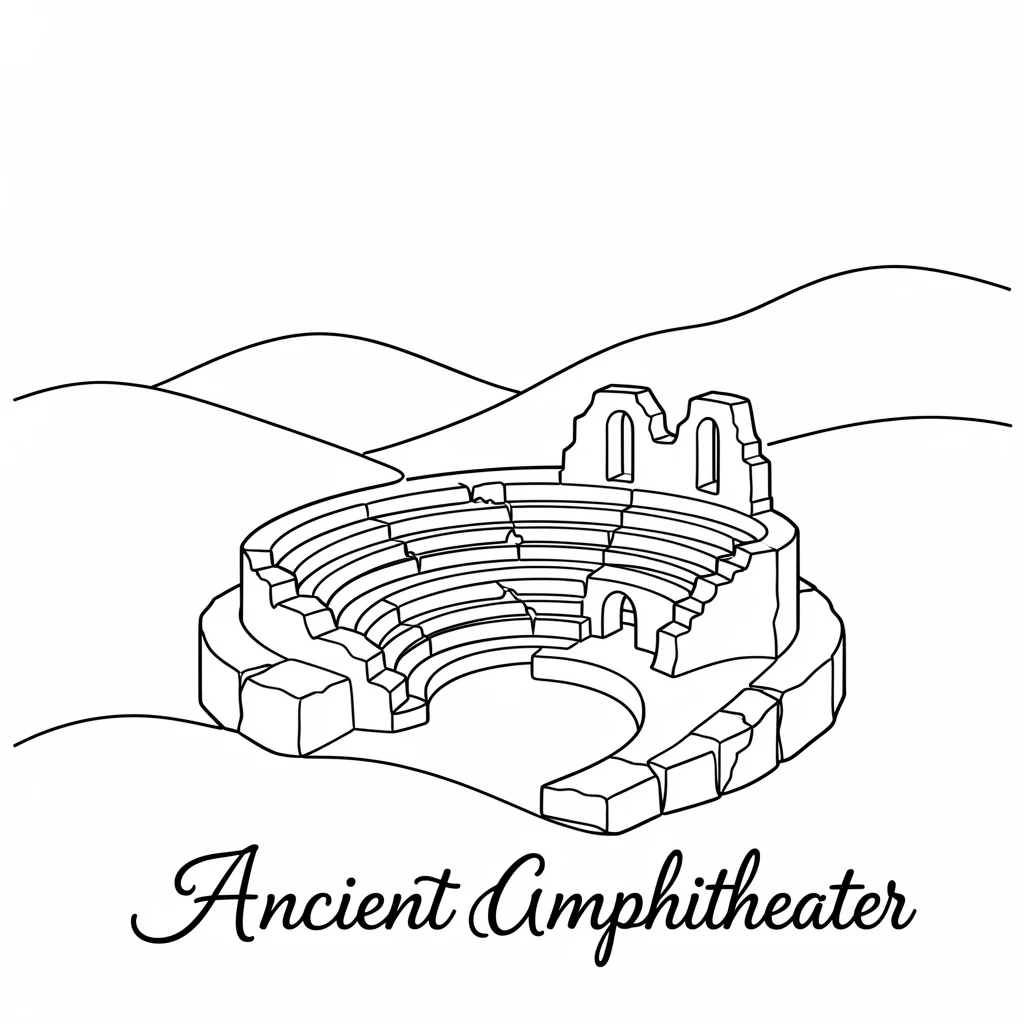 A crumbling ancient stone amphitheater set against rolling hills