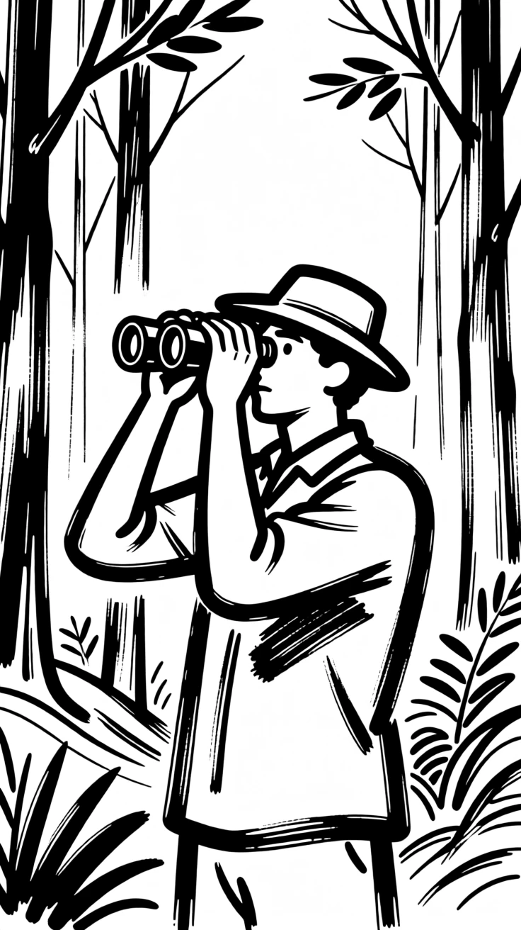 A birdwatcher peering through binoculars in a quiet forest.