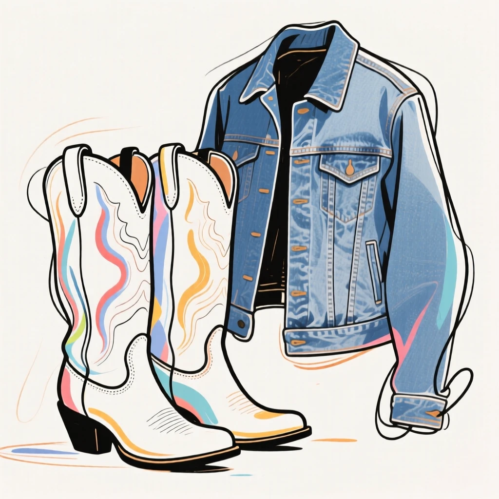 A pair of cowboy boots standing beside a denim jacket.