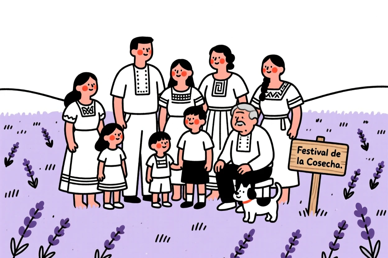 A large extended family of Mexican heritage celebrating a harvest festival, in a lavender field.