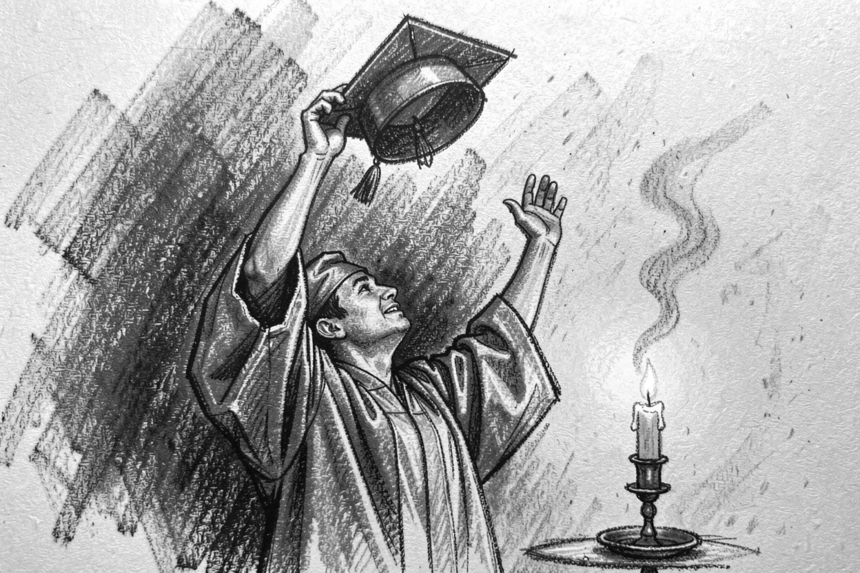 A graduate throwing their cap into the air in celebration, as soft candlelight flickers nearby.