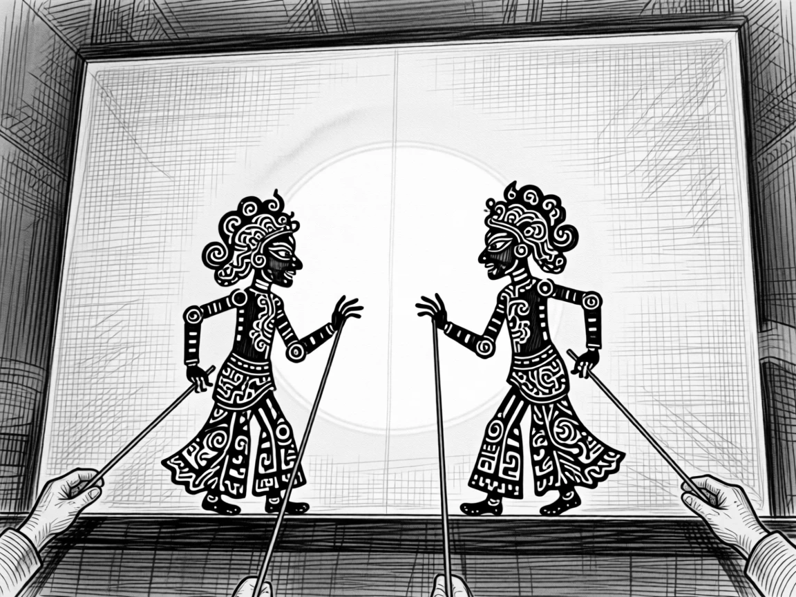 A traditional shadow puppet performance behind a glowing paper screen.