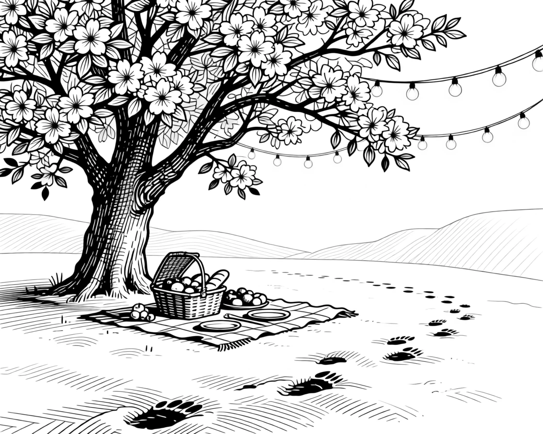 A summer picnic beneath a blossoming tree beneath strings of warm glowing lights, with footprints trailing through fresh snow, capturing a richly comforting seasonal moment.