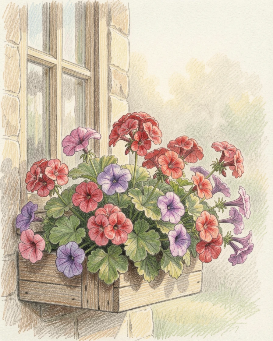A cottage window box overflowing with geraniums and petunias, set against a softly lit, atmospheric backdrop, full of charm, emotion, and visual delight.