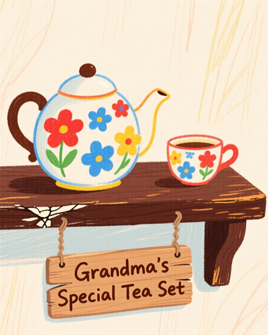 A teapot and cup set displayed on an antique shelf.