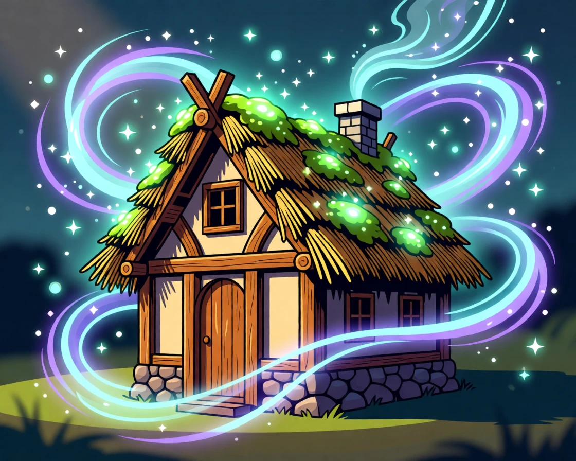 A fairy tale cottage with a thatched roof covered in glowing moss, surrounded by swirling magical energy and sparkling light, arranged with dramatic lighting emphasizing the magical elements, with subtle magical particles drifting through the air.