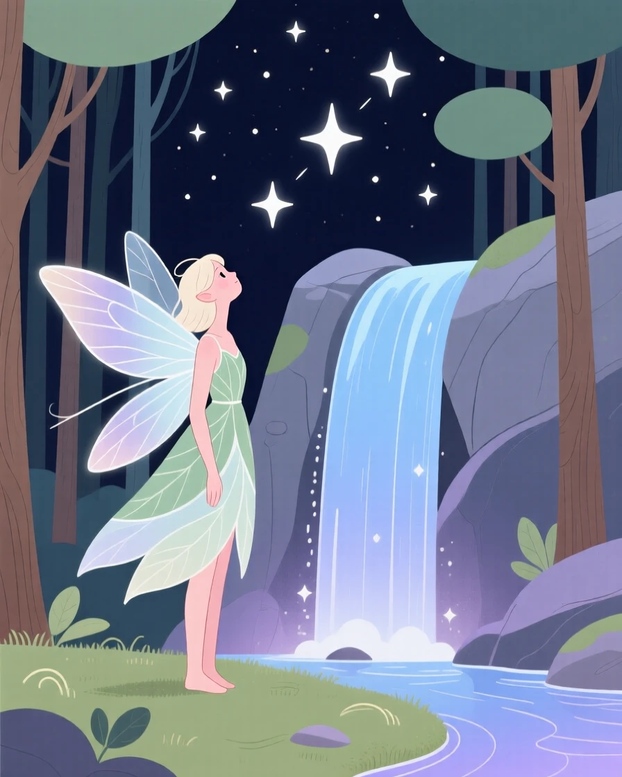 A forest fairy watching the stars near an enchanted waterfall.