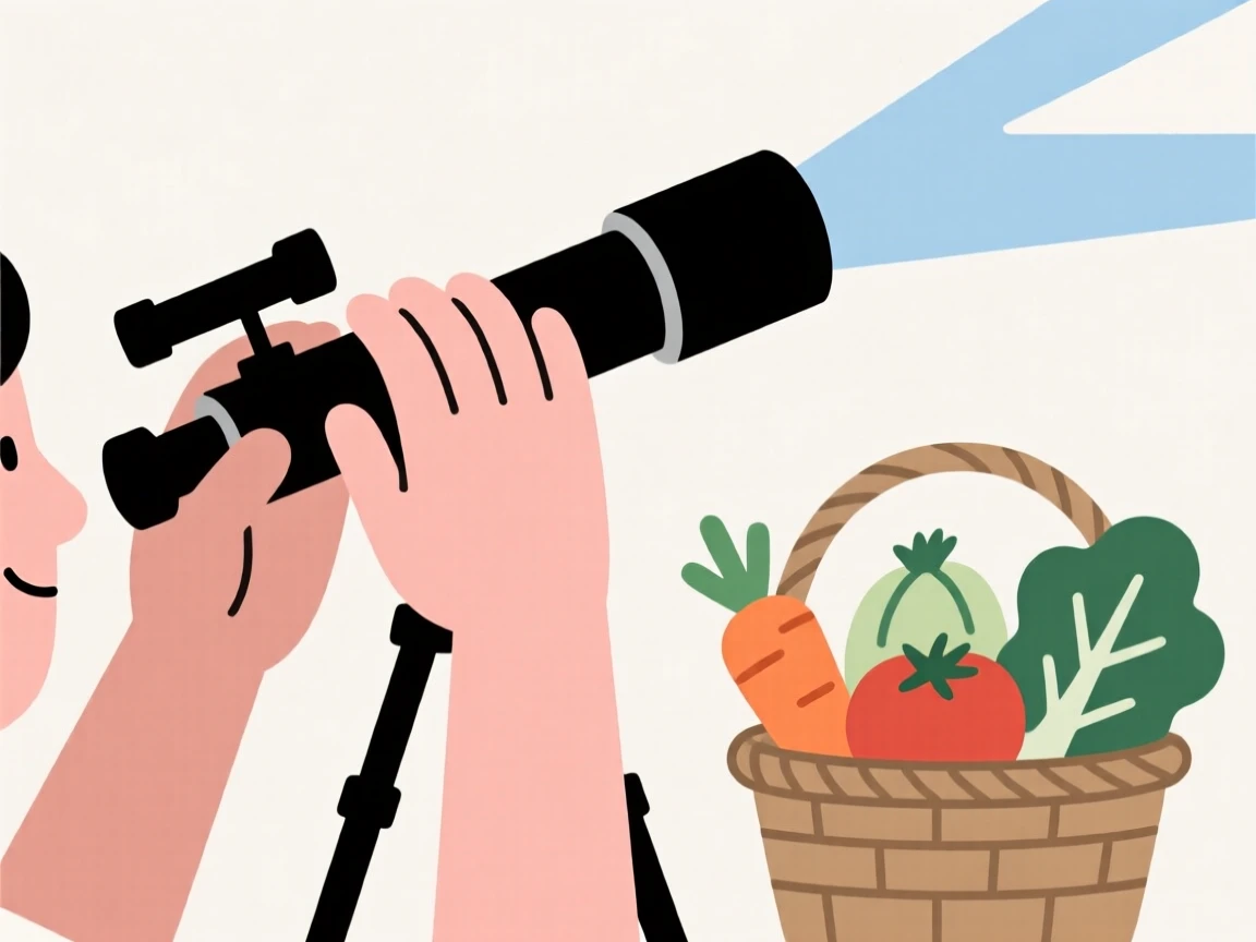 A close view of hands stargazing through a telescope near a basket of fresh vegetables in a rooftop under open sky, full of quiet satisfaction.