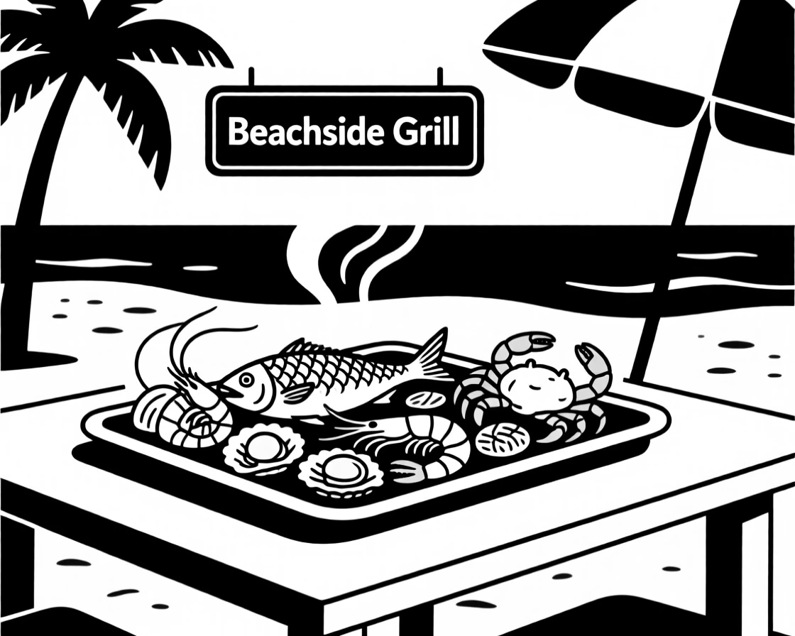 A tray of grilled seafood at a beachside restaurant.
