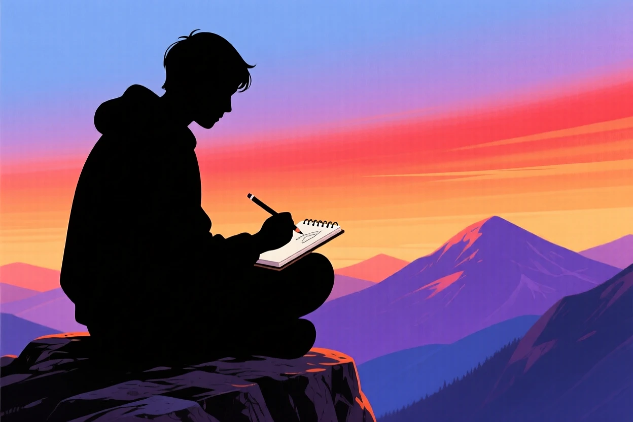 A traveler sketching a mountain landscape in a small notebook.