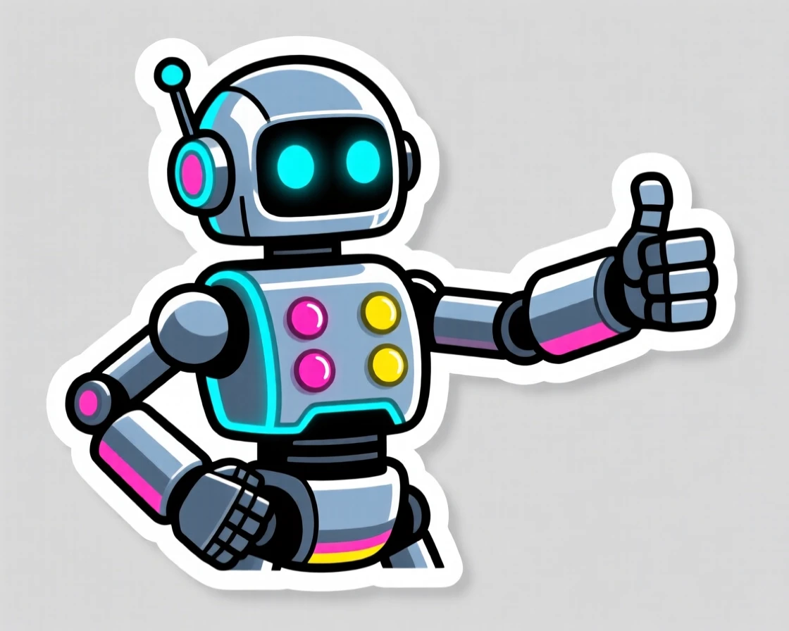 A charmingly futuristic retro arcade robot with glowing buttons, striking a confident heroic pose, during an exciting made-up adventure.
