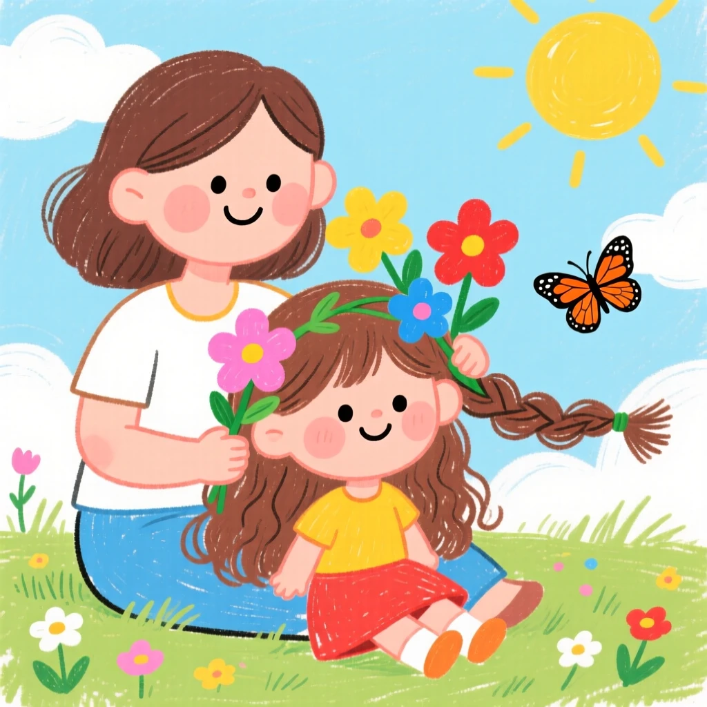 A mother braiding flowers into her daughter's hair.