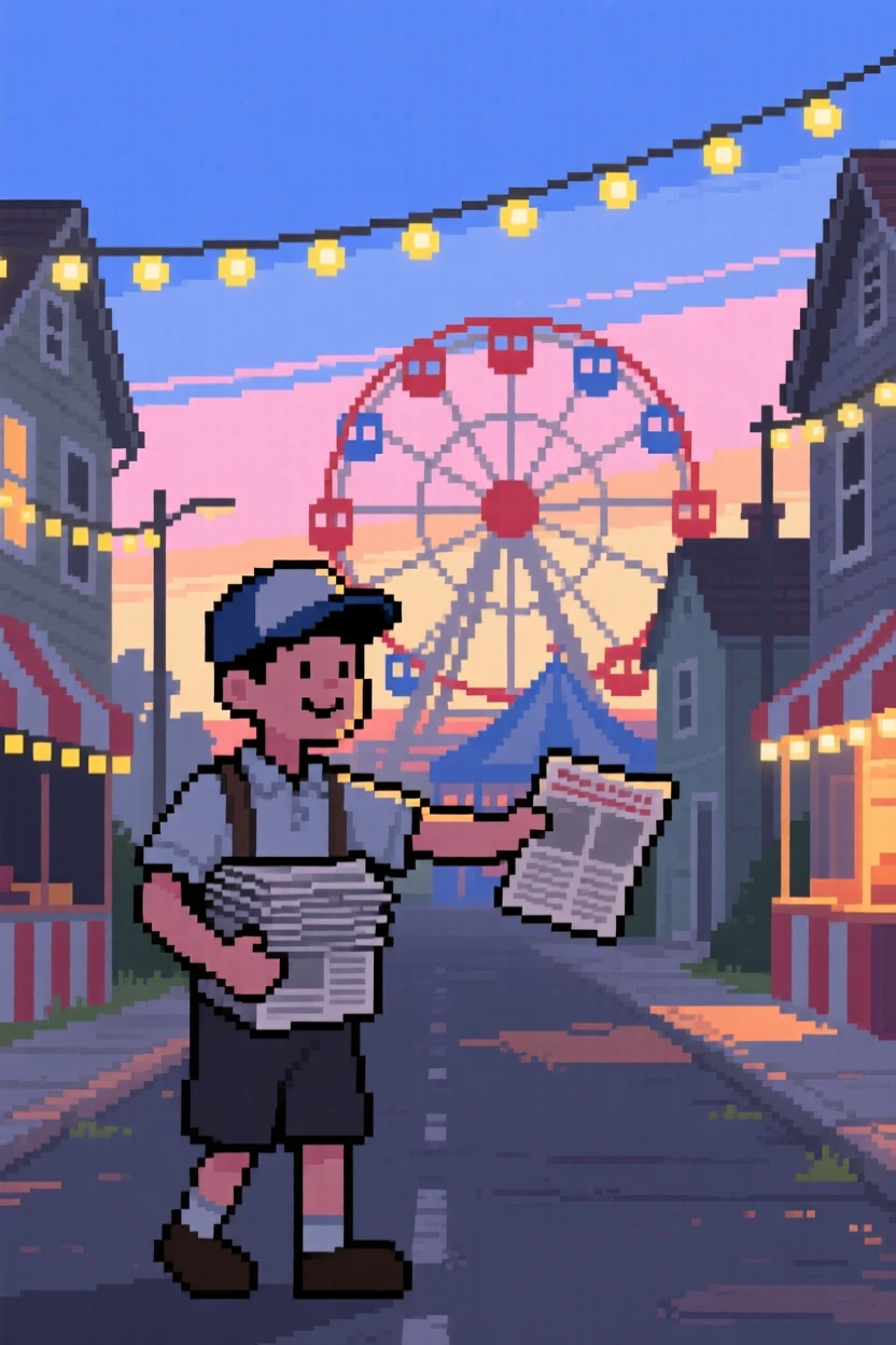 A paperboy delivering newspapers at dawn lit by string lights strung between houses, at a small-town fair with a ferris wheel.