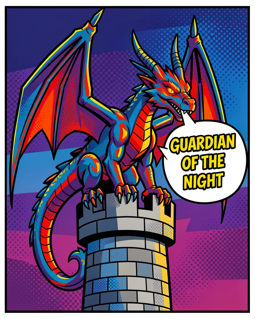 A majestic dragon perched atop a castle tower at twilight