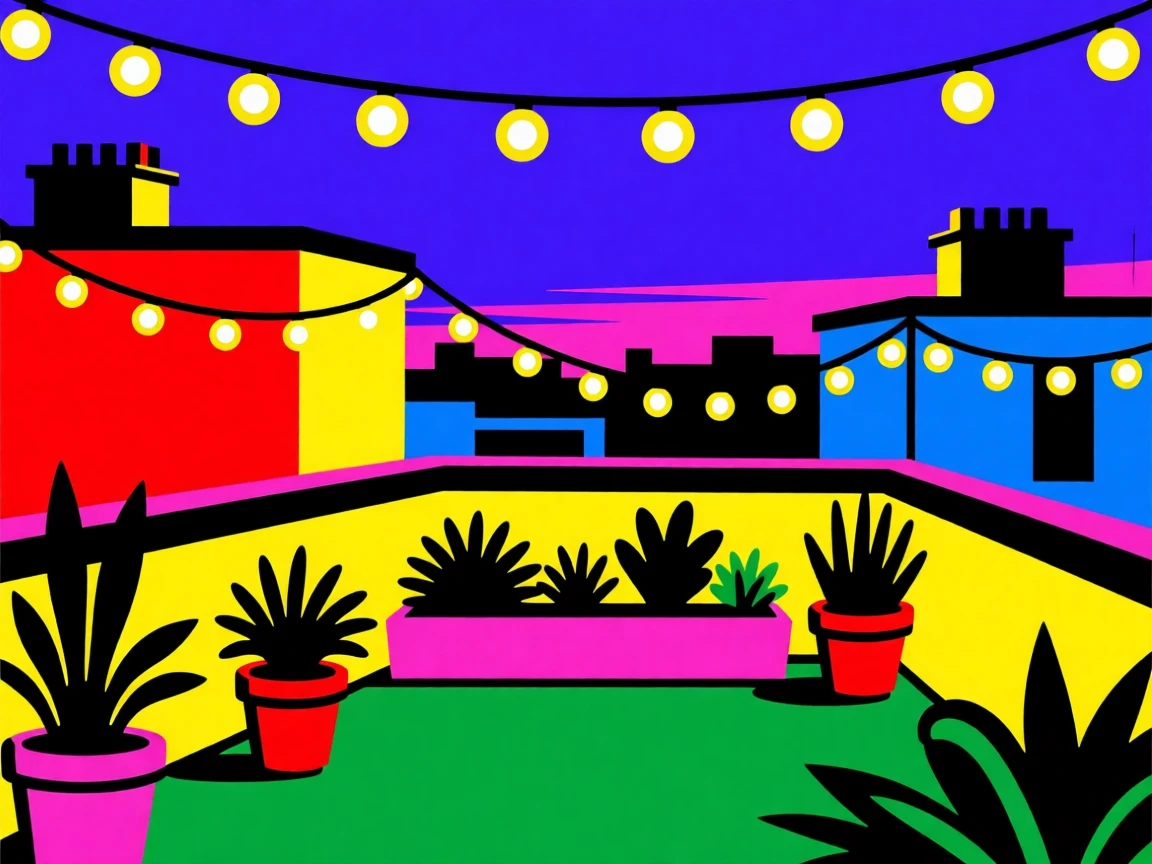 Rooftop garden with string lights at dusk