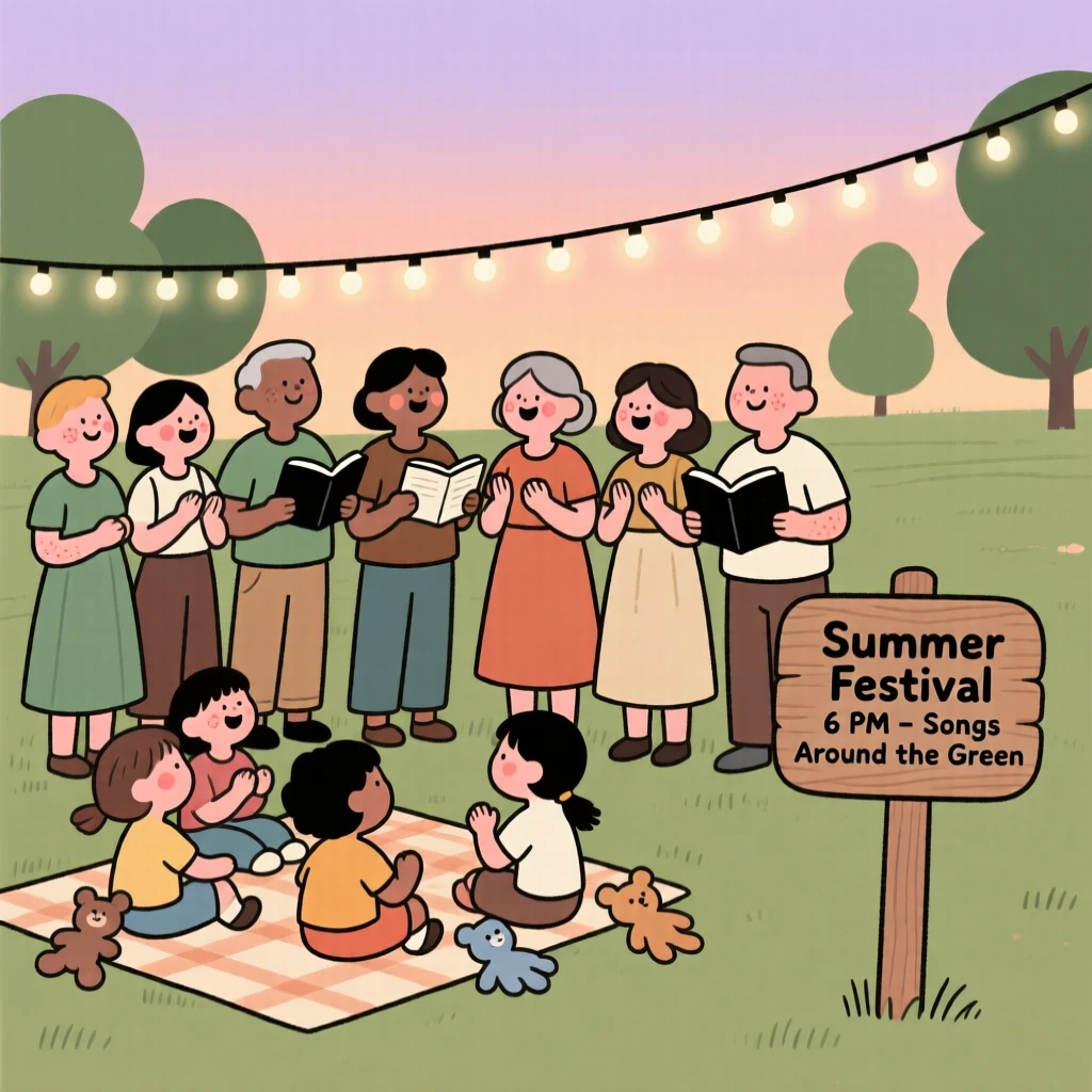 A community gathers in the village green for a summer festival, singing old songs beneath strings of fairy lights as evening falls.