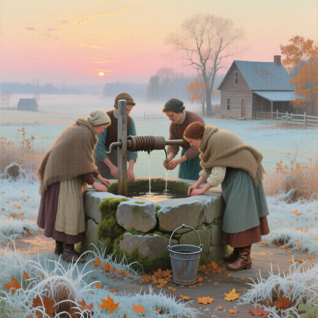 A centered composition of villagers gathered at a well drawing water at first light, in the American Midwest, during the first frost of autumn.