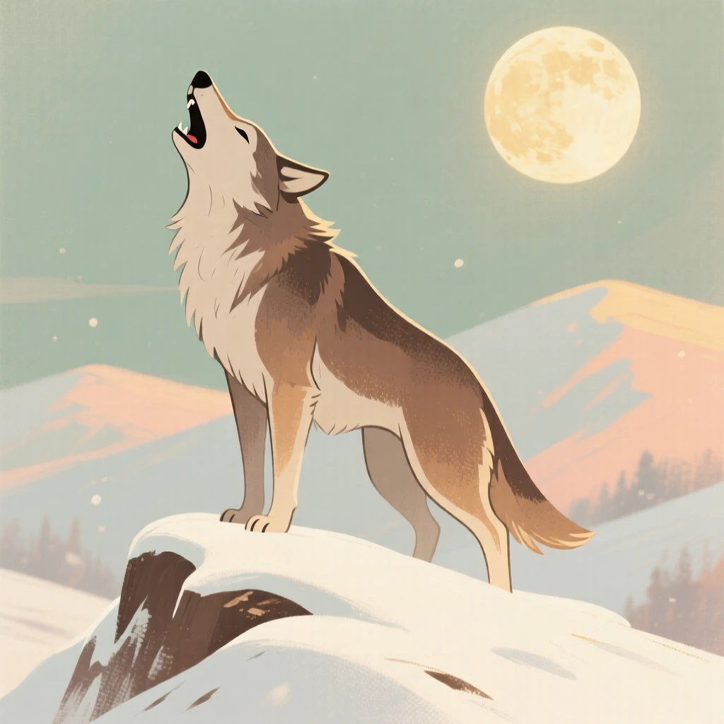 A wolf howling atop a snow-covered ridge under moonlight