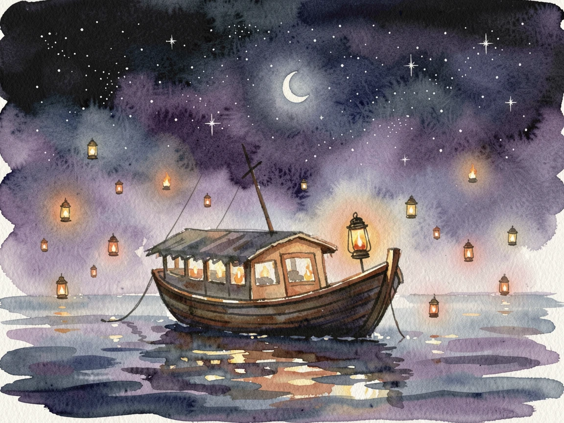 A lantern-lit boat sailing through a starry sky with tiny lanterns floating like stars.