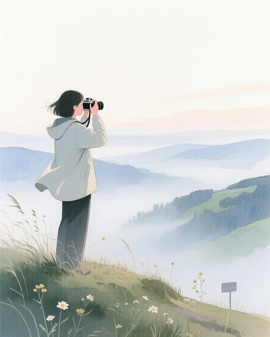A peaceful scene of someone photographing a misty valley on a windswept hilltop, fully absorbed in a quiet, joyful moment