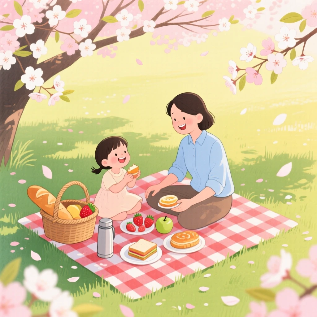 A heartwarming holiday moment: a picnic under cherry blossoms on a warm spring afternoon.