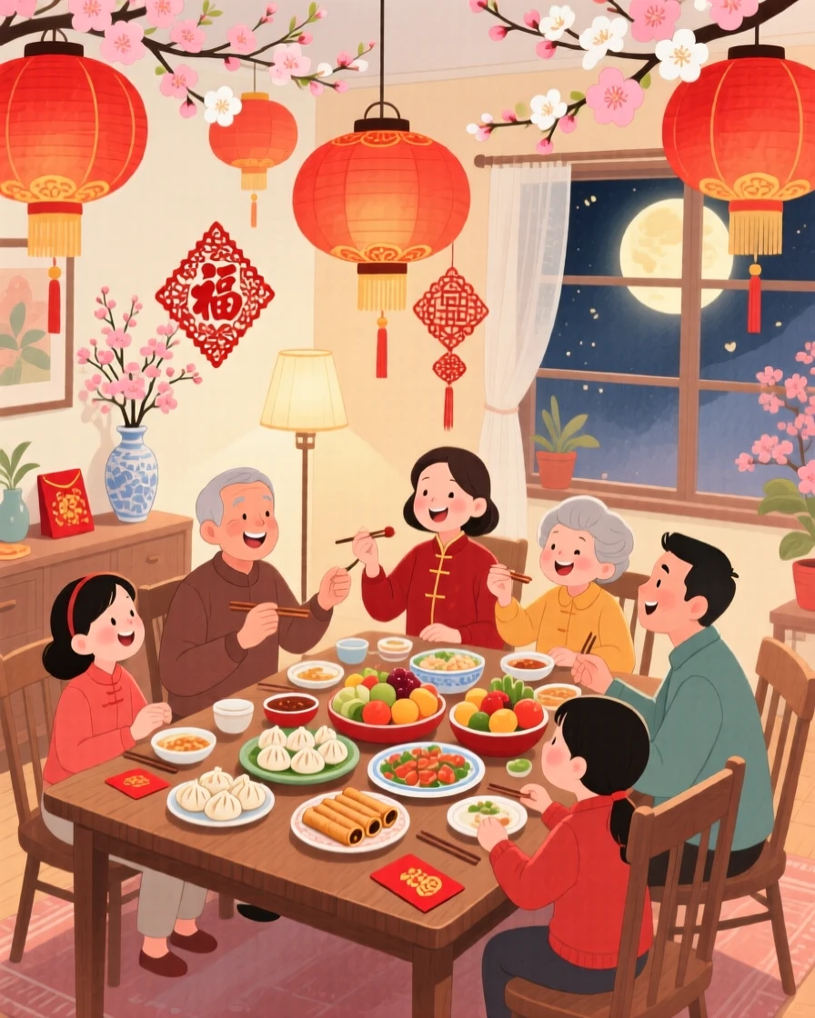 A family gathered for a Lunar New Year feast, in a home decorated with red lanterns and blossoms, with handmade decorations crafted with love, evoking prosperity, warmth, and family unity.