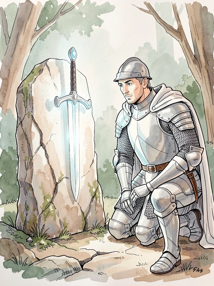 A knight kneeling before a glowing sword embedded in stone, the atmosphere charged with quiet, ancient magic.