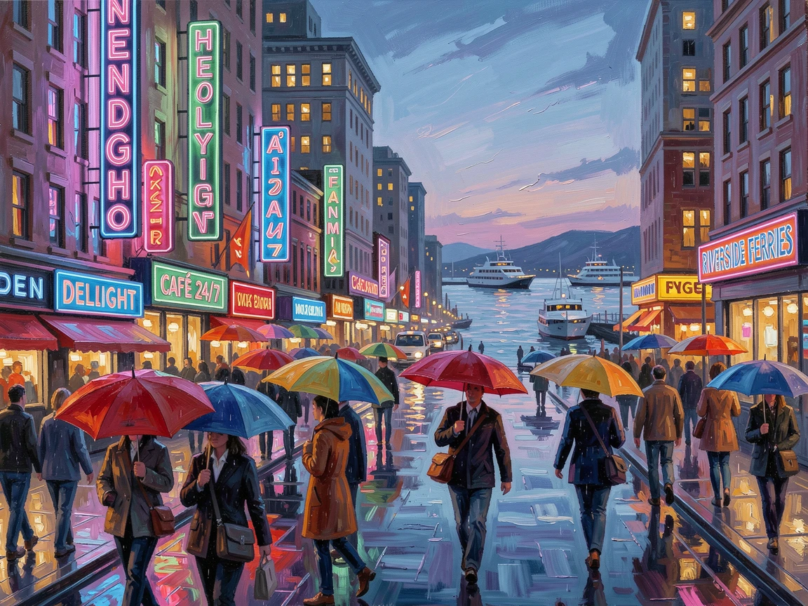 A bustling city street lined with neon signs, pedestrians hurrying past beneath colorful umbrellas, overlooking a harbor filled with ferries and boats, at dusk, windows lighting up one by one across the skyline.