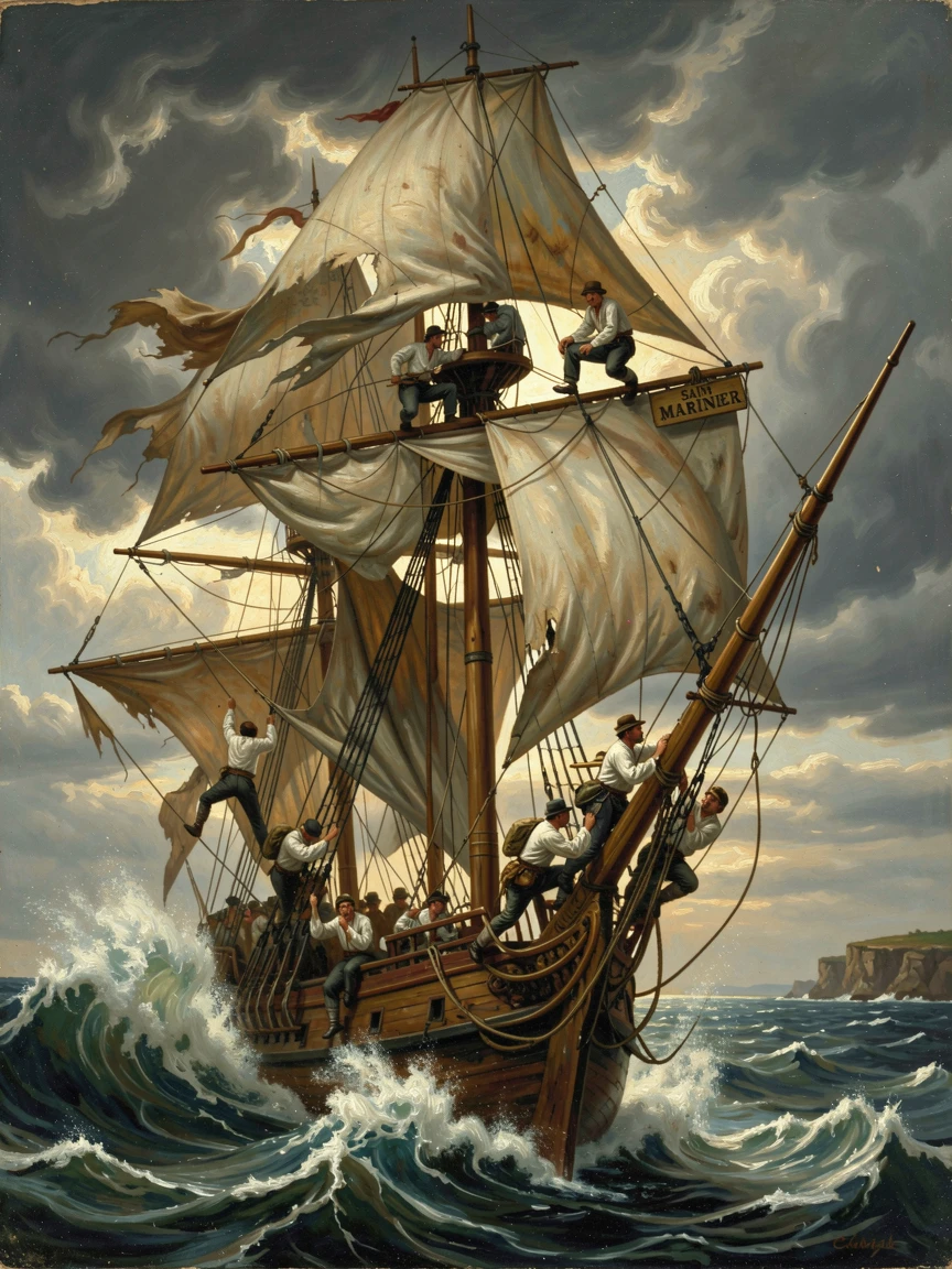 Sailors climb the rigging of a tall ship as it battles rough seas.