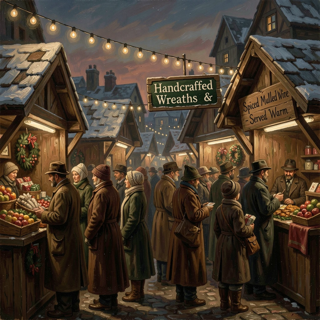 A Christmas market bustling with vendors and glowing string lights, with rich seasonal colors filling every corner of the composition, designed to bring festive cheer to any home or gallery wall