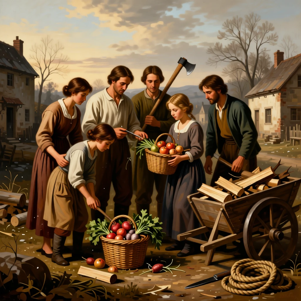 A family gathering firewood together before an early winter storm in a small, quiet moment made luminous and lasting, set within a sunlit rural village at the start of a new day, with baskets of produce, coils of rope, and tools of an honest trade; warm natural light elevates a humble scene into something timeless, evoking dignity, warmth, and the quiet poetry of daily life.