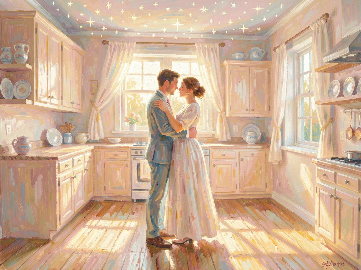 A couple sharing a slow dance in their kitchen, morning light spilling across the floor, under a canopy of stars.