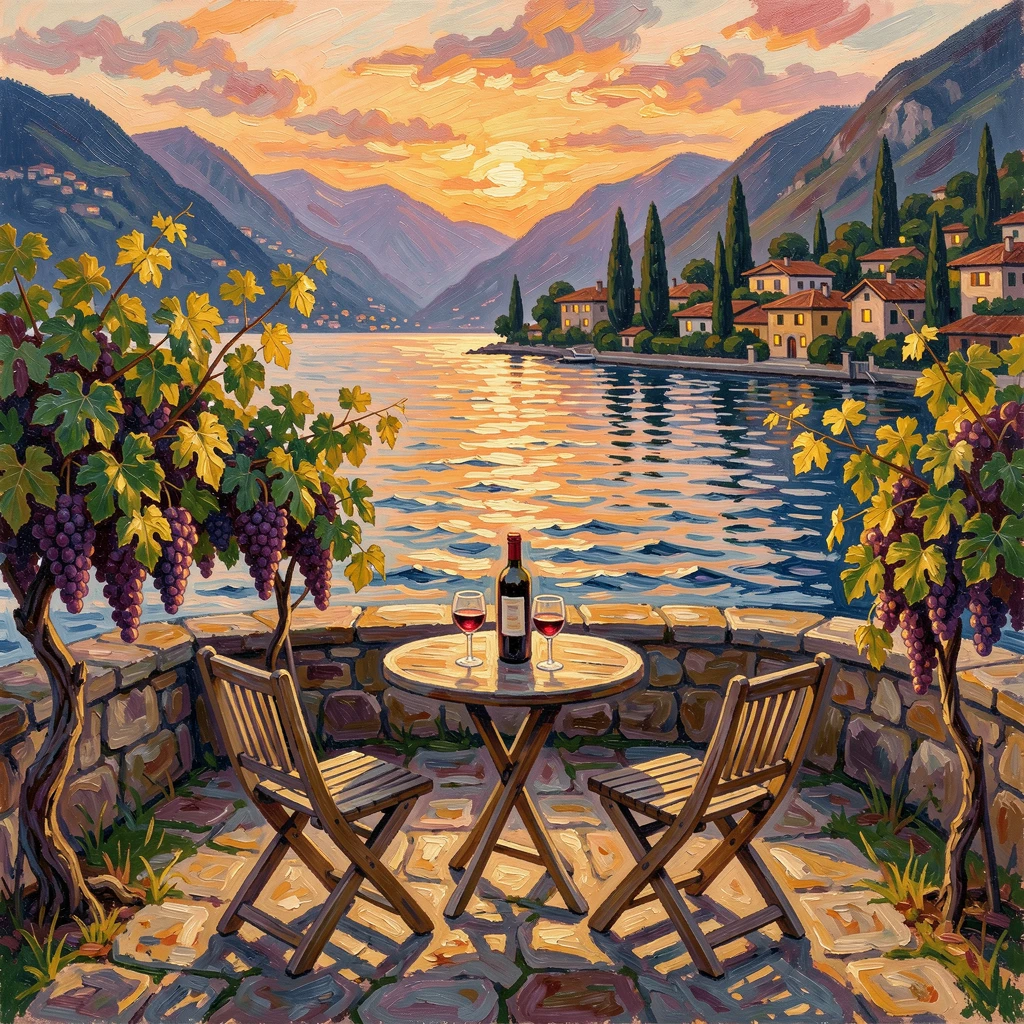 A quiet vineyard terrace overlooking Lake Como at the golden hour.