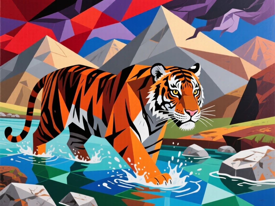A striking view of a bengal tiger wading through a shallow mountain stream beneath a dramatic sky.