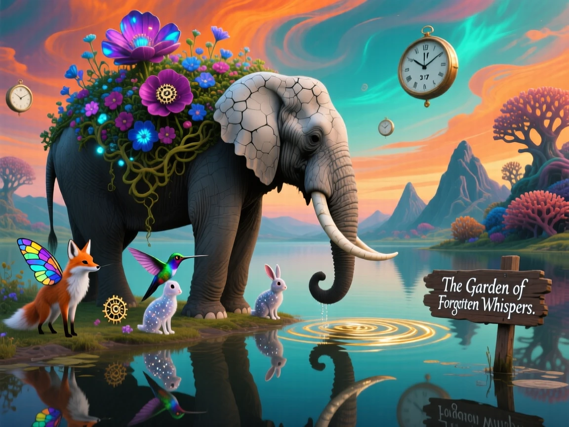 An elephant with a tiny blooming garden growing upon its back pauses quietly at the edge of a still and glassy lake, as small creatures pause to watch it pass by in silence.